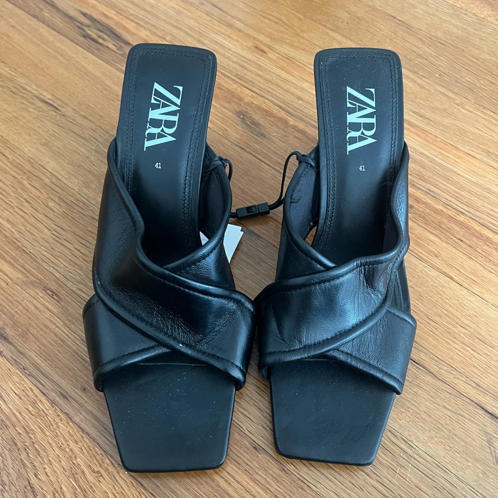 Zara black cross cross leather heels. Size 10